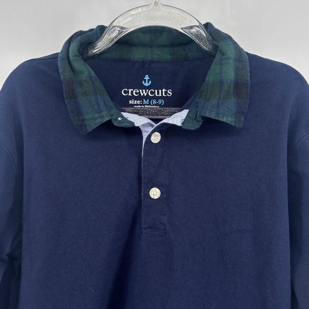 Crewcuts Navy‎ Blue Long Sleeve Rugby Polo Shirt Plaid Collar Kids Size M 8 9